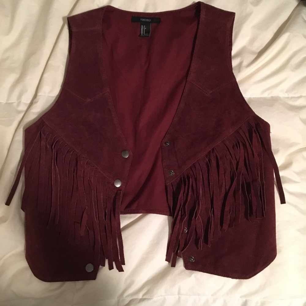Burgundy real leather tassel vest